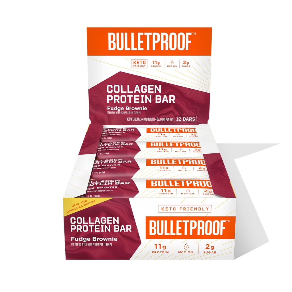Bulletproof Fudge Brownie Colagen Protein Bars, Pacote de 12, Keto-Friendly Snack com óleo MCT, Colágeno alimentado por grama, Sem açúcar adicionado
