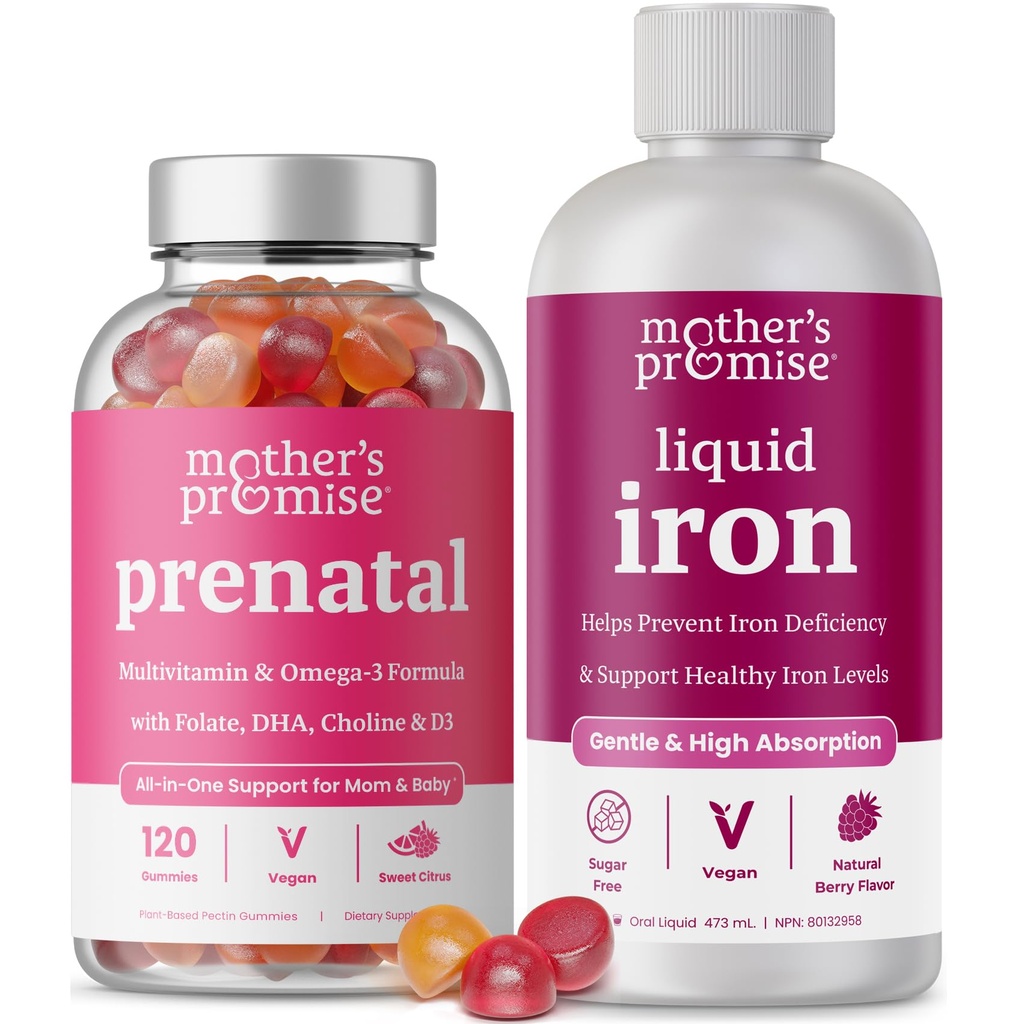 Promessa da mãe Gummies pré-natais e pacote de ferro líquido