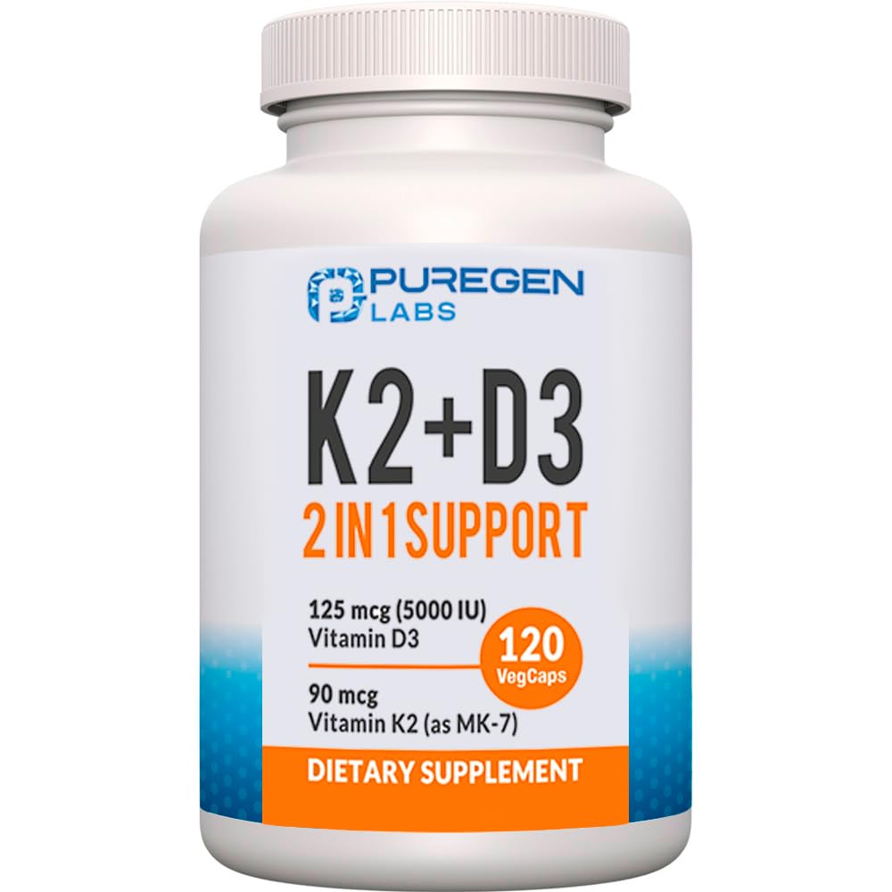 2 em 1 Fórmula de alta potência 90mcg Vitamina K2 (MK7) e 5000 UI Suplemento D3 Fórmula I Não-GMO, Complexo fácil de engolir vitamina D & K, 120 Cápsulas I Fornecimento de 4 meses