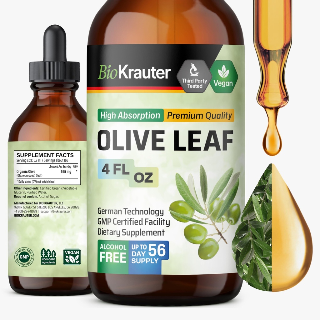 BIO KRAUTER Olive Leaf Extract Liquid - Tintura de folha de azeitona para apoio imunológico - Álcool e açúcar livre - Vegan Drops 4 Fl.Oz.