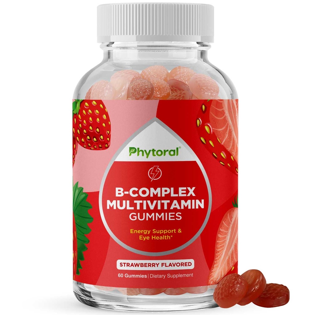Vitamina B Complex Gummies for Adults & Kids - B Vitaminas Complex with Thiamin, Riboflavina, Niacin, 6, 12 e Folato - Suplemento Mistura para Sistema Nervoso Suporte Energia & Alta Força - 60 Gummies