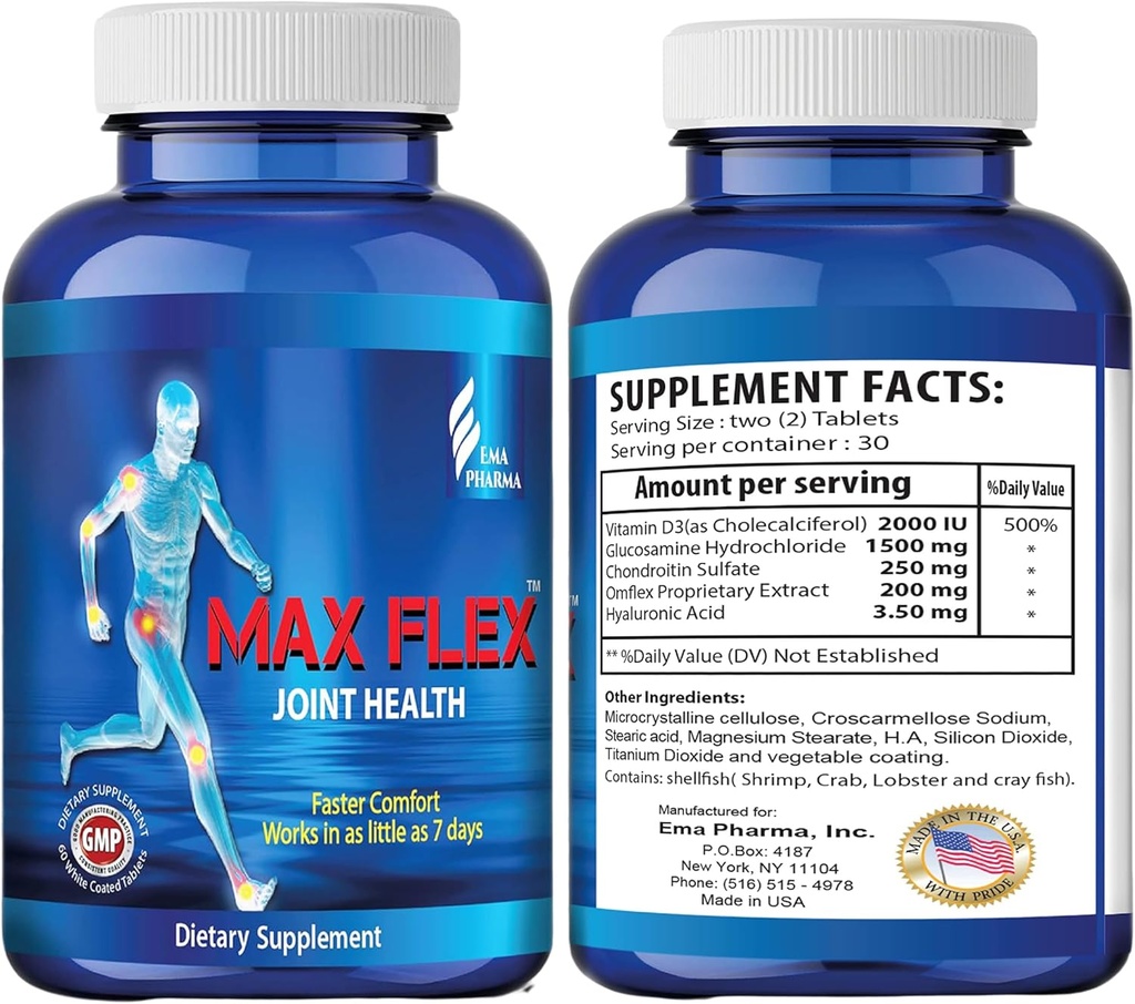 MAX FLEX UC II, Suplemento de Colágeno para a Saúde Conjunta – Suplemento de Suporte Conjunto Avançado com Glucosamina, Condroitina, Alivio Inflamatório Conjunto como Açafrão – Glúten Livre – 60 Comprimidos, 2 Comprimidos/Dia