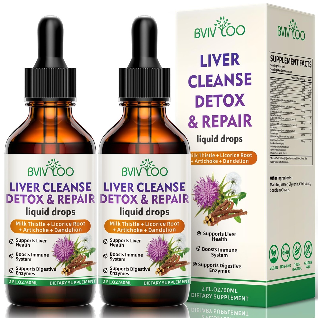 2 Pacote de gotas líquidas de saúde do fígado - 2000mg Cardo de leite, Raíz de dente-de-leão, Alcachofra, Extrato de silymarin, & Ervas Acumuláveis - Vegan, Não-GMO - 4 Fl Oz (120ml)