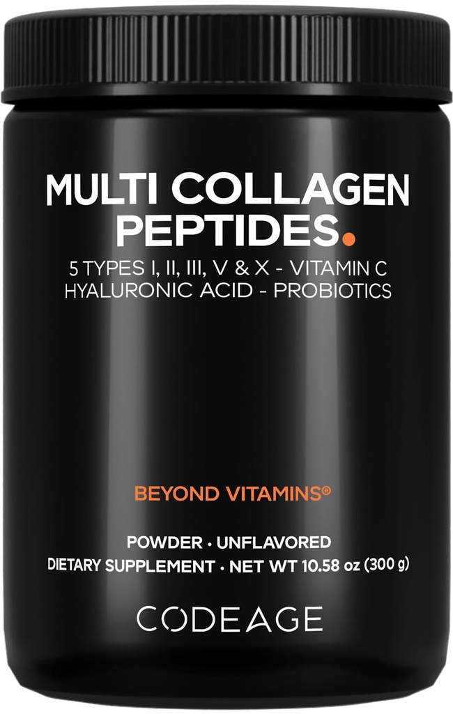 Codeage Multi Colágeno Peptídeos Pó + Probióticos Black Edition, Vitamina C, Suplemento de ácido hialurônico em pó, Grama-Fed, Hidrolisado, Zero carboidratos, Tipo I, II, III, V & X, Sem sabor, 10,58 onças