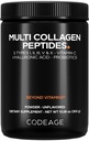 Codeage Multi Colágeno Peptídeos Pó + Probióticos Black Edition, Vitamina C, Suplemento de ácido hialurônico em pó, Grama-Fed, Hidrolisado, Zero carboidratos, Tipo I, II, III, V & X, Sem sabor, 10,58 onças