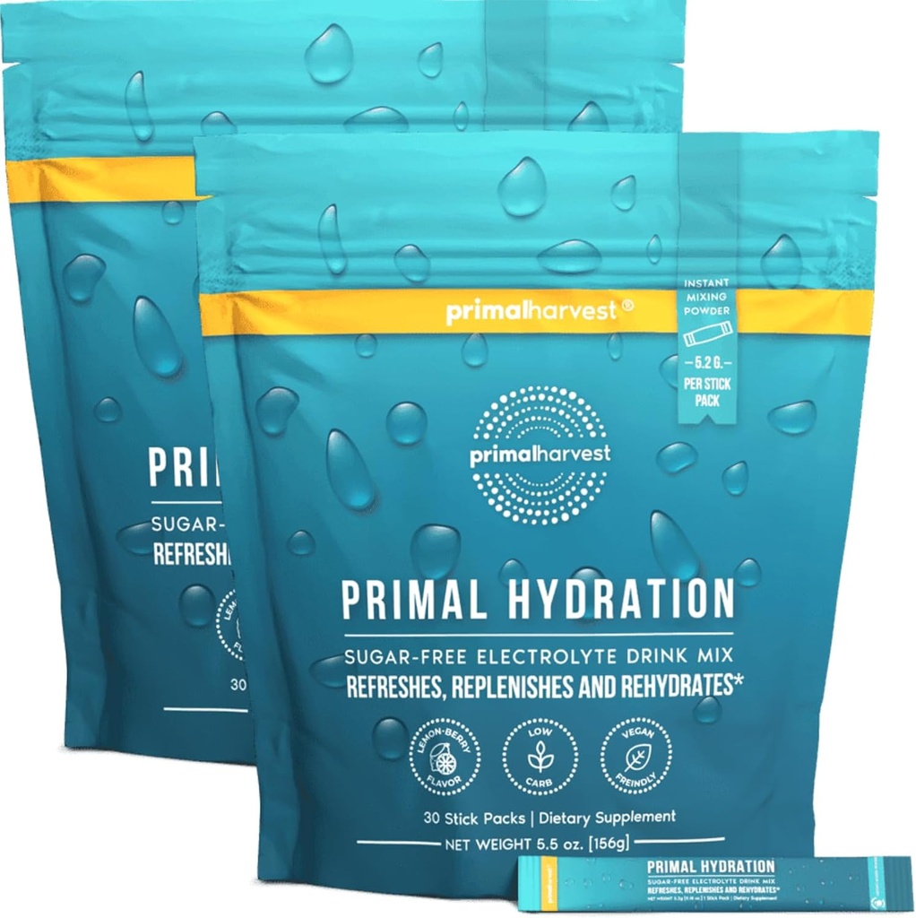 Eletrólitos de Colheita Primais Pacotes de Pó Hidratação Primal, Pacotes Abertos Fácil, Pacote de Pacote de Mistura de Energia 2 Bebida (Lemon Berry, 60 Embalagens)