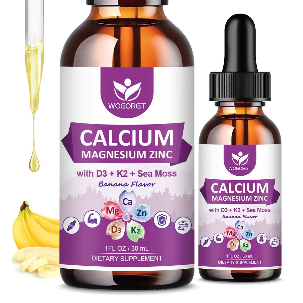 Citrato de cálcio 1000mg com vitamina D3 para mulheres e homens - líquido Magnésio Zinco D3 K2 Suplemento para osso, Apoio aos dentes, Açúcar livre, Vegan, Banana Sabor - 1 Fl Oz (2 Pack)