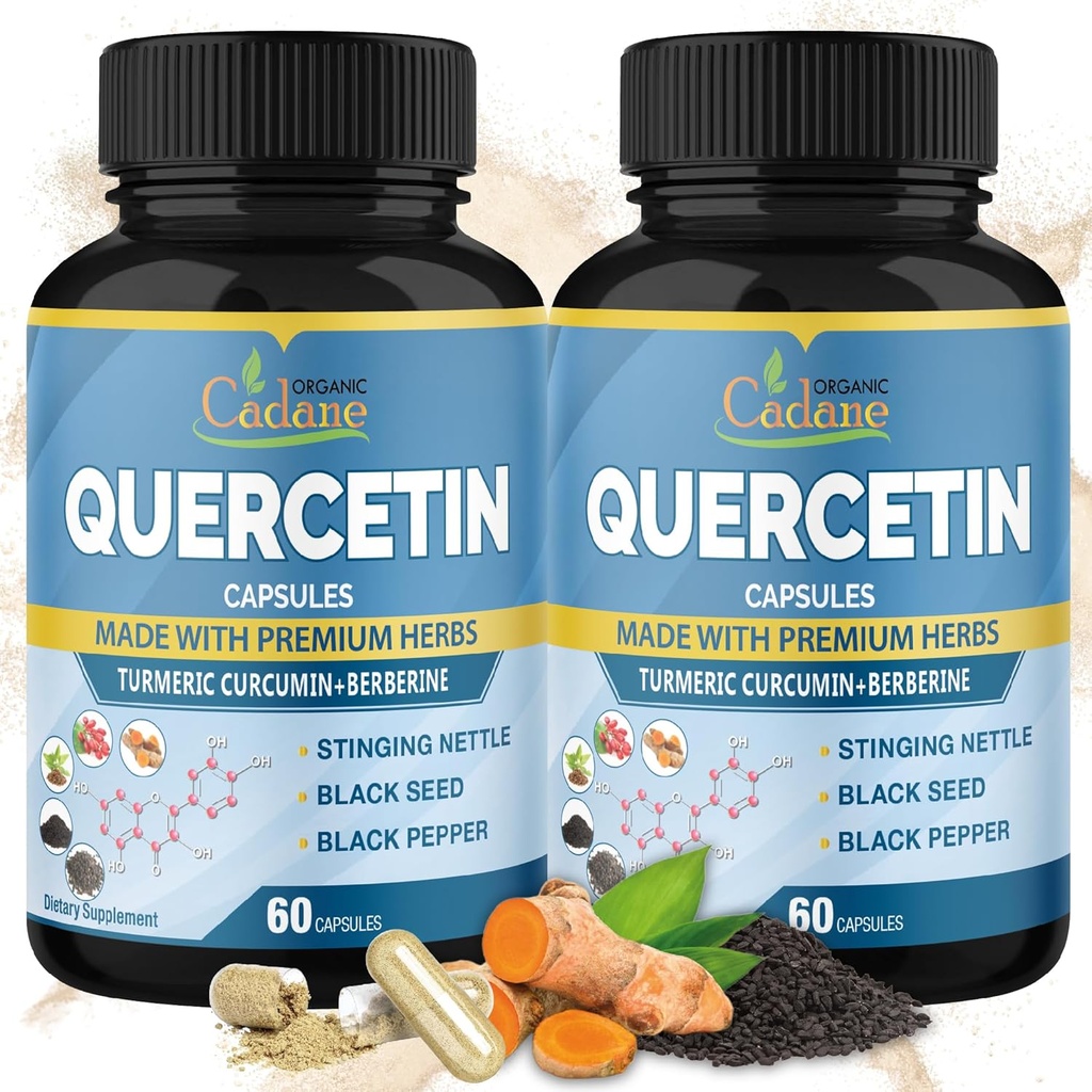 Cadano orgânico 2 embalagens Quercetin Suplementos Cápsulas, 6in1 com açafrão, berberina, Stinging Nettle, semente preta, pimenta preta - Suporta sistema imunológico - 4 meses de fornecimento