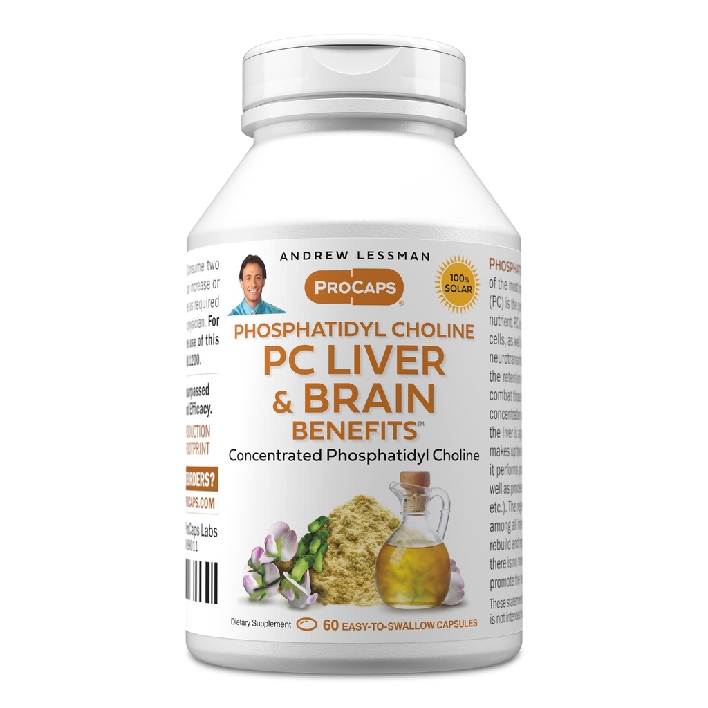 ANDREW LESSMAN PC Fígado e Brain Benefits 60 Softgels - Phosphatidyl Choline, bloco de construção mais importante para o fígado saudável e estrutura do cérebro, função. Sem aditivos. Fácil de engolir Softgels