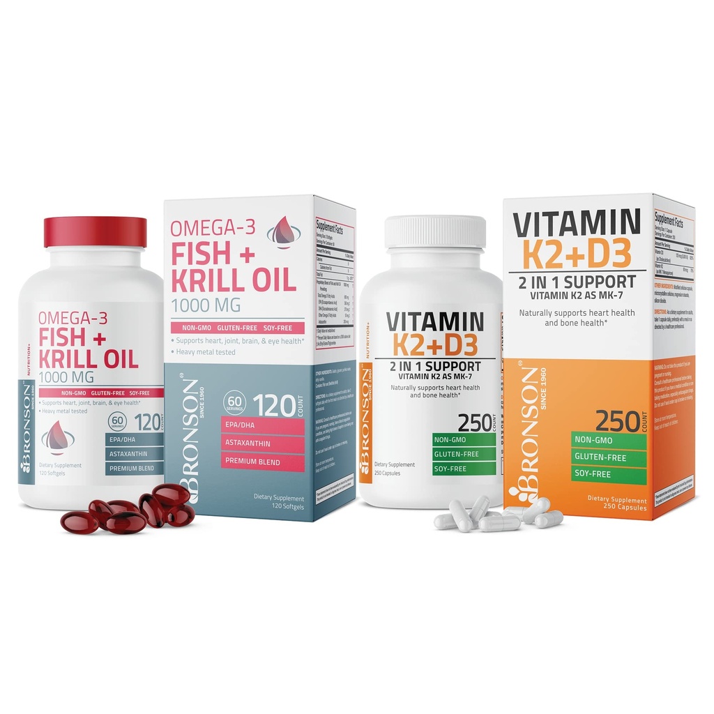Bronson Vitamina K2 (MK7) com D3 Suplemento Omega-3 Peixe + Krill Oil 1000 MG
