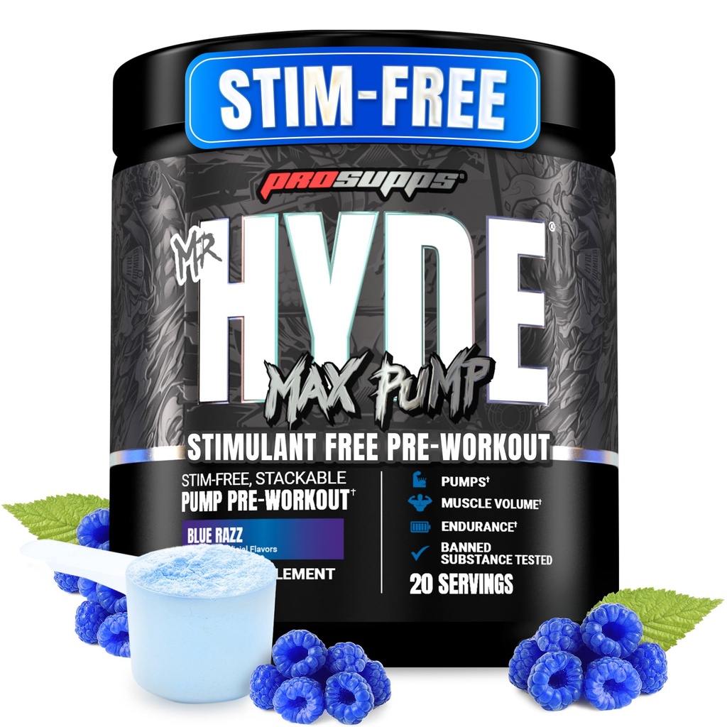 ProSupps Sr. Hyde Max Bomba Pré-treino em pó - Stim-Free Pré-treino suporta fluxo de sangue, volume muscular e resistência - Cafeína-Free Nitric Oxide Gym & Fitness Supplements (Blue Razz, 20 Servings)