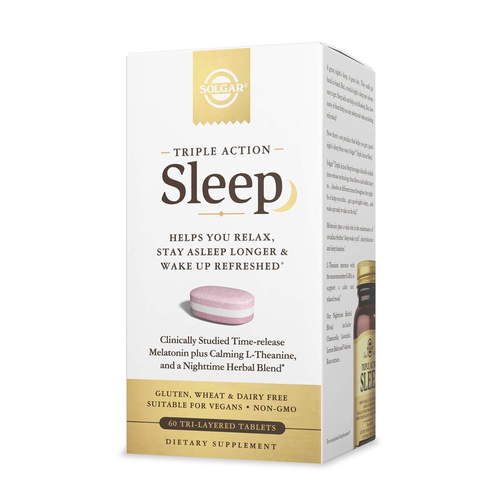 Solgar Triple Action Sleep, 60 comprimidos Tri-Layer - Melatonina e L-Theanina + mistura de ervas - ajuda você a relaxar, cair dormindo rápido e ficar dormindo mais - não-GMO, sem glúten - 60 Servings