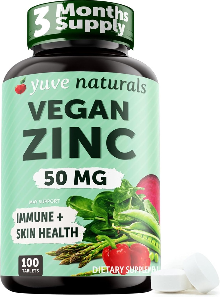 Yuve Naturals Vegan Zinc 50 mg - Gluconato de zinco para Imune e suporte da pele - Gluten Livre, Não OGM, Planta Base - 100 comprimidos fáceis de engolir