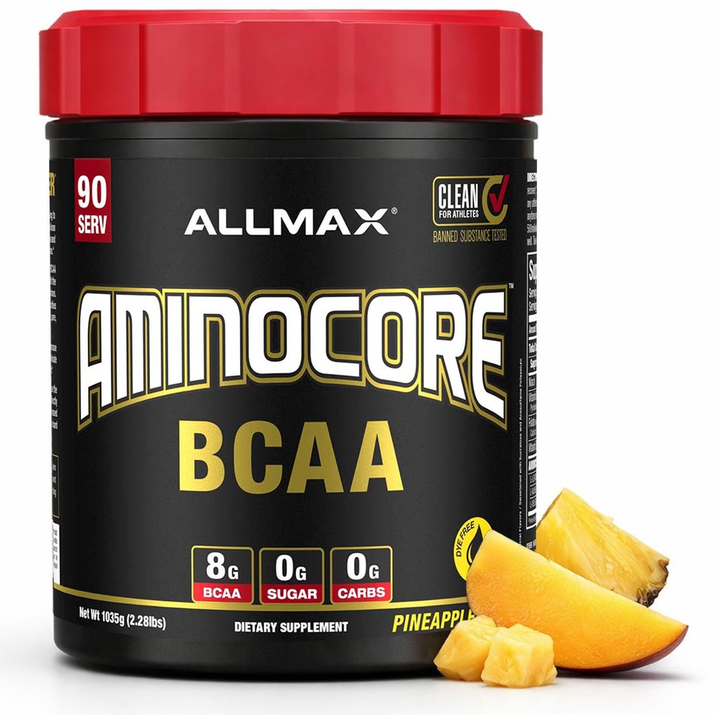 ALLMAX Nutrition AMINOCORE BCAA, Manga de abacaxi - 945 g Pó - 8.18 Grams of Branched Chain Amin Acids Per Serving - com B Vitaminas - Sem preenchimentos ou Aminos Não-BCAA - Livre de Açúcar - 90 Servings