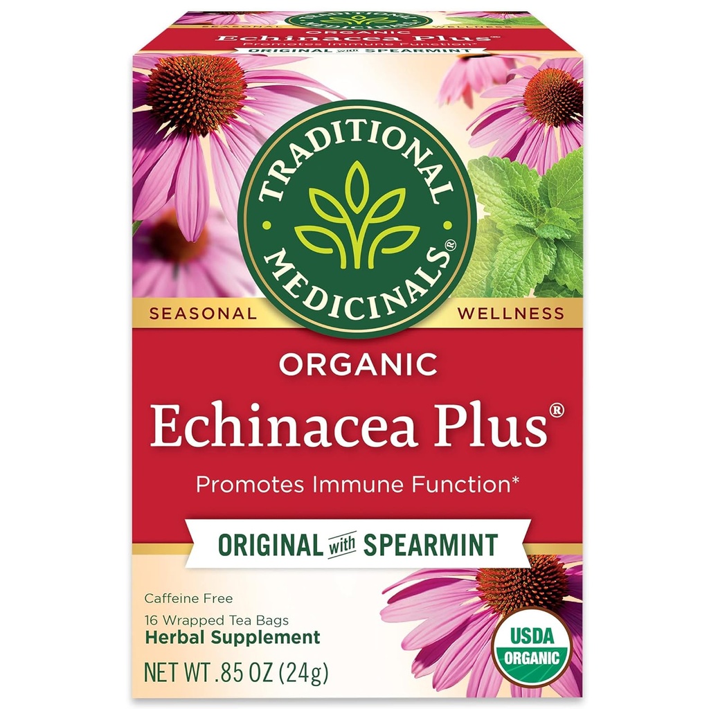 Medicamentos tradicionais orgânicos Echinacea Plus com Spearmint chá de ervas, promove a função imune, (Pack de 1) - 16 sacos de chá
