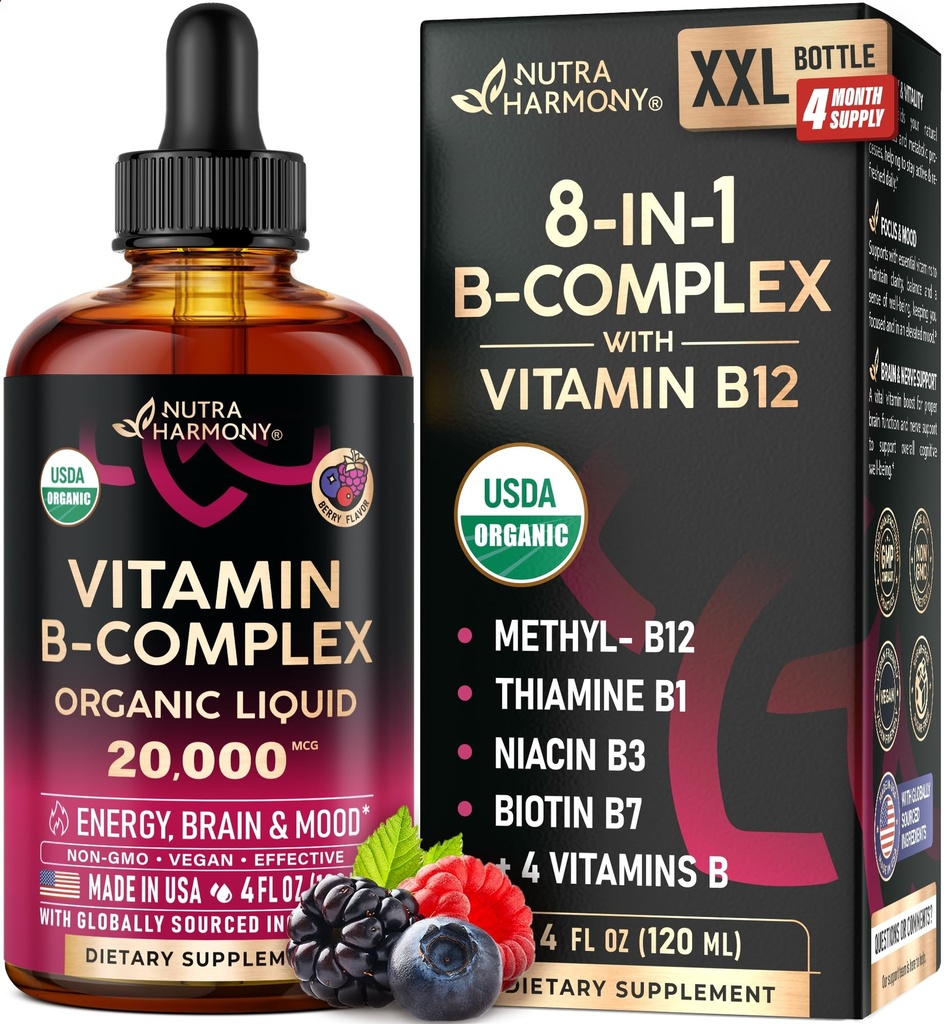 USDA Vitamina B-Complexo B5 Ácido pantoténico □ B12 Metilcobalamina □ B1 Tiamina □ B6 Piridoxina □ B7 Biotina B9 Fólica □ B3 Niacinamida - B Complex Liquid Drops, Made in USA Supplement, 4fl oz