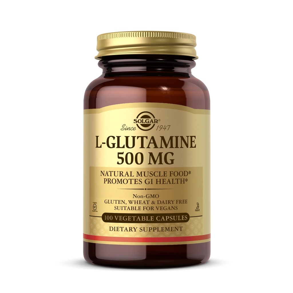 Solgar L-Glutamina 500 mg - 100 Cápsulas Vegetais - Natural Muscle Food - Não-GMO, Vegan, Sem glúten, Leite Livre, Kosher - 33 Servings