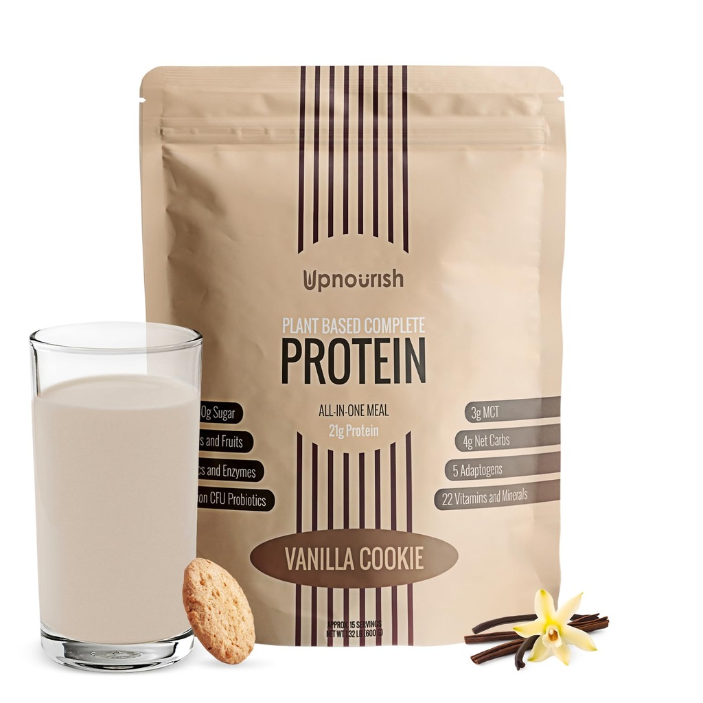 UpNourish Vanilla Cookie Vegan Protein Powder 54 Superfoods Pó, 1,5 bilhão de UFC Probióticos 21g Proteína Baseada em Planta, Sem açúcar sem leite sem leite GMO livre,Check Keto-Amigo de substituição de refeição dieta de baixo teor de carboidratos,15 Servings