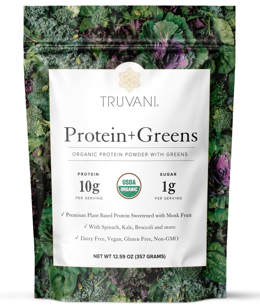 Truvani Protein + Greens Supplement □ Espinafre, Kale & Broccoli □ 10g Orgânico Planta Based Protein □ 20 Servings □ USDA Orgânico □ Gluten & Dairy Free □ Vegan □ No Added Sugar