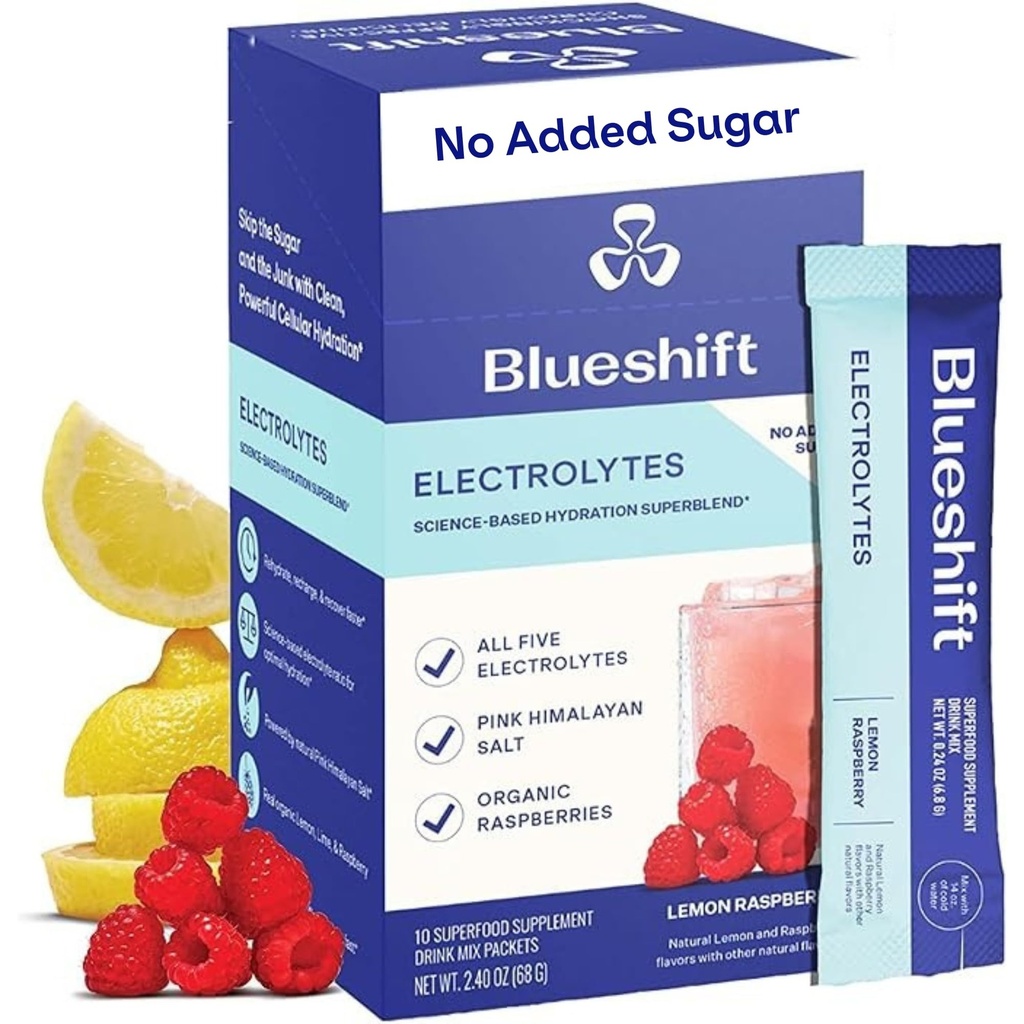 Eletrolíticos Blueshift - Eletrolíticos Naturais Em pó Packets, Pacotes de Hidratação Orgânica, Electrolyte Drink Mix Sticks with No Sugar, Single Serve Pack - Limão Framboesa Flavor, Powder Sticks (10 Pack)