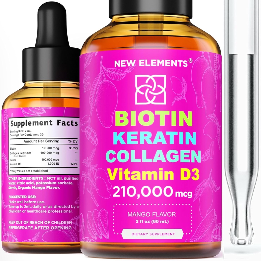 Biotina Líquida Queratina Colágeno Peptídeos e vitamina D3 para o crescimento do cabelo MCT Oil Drops 210,000mcg – Fórmula poderosa para a pele do cabelo e unhas, Suplemento mais avançado de crescimento do cabelo para mulheres e homens