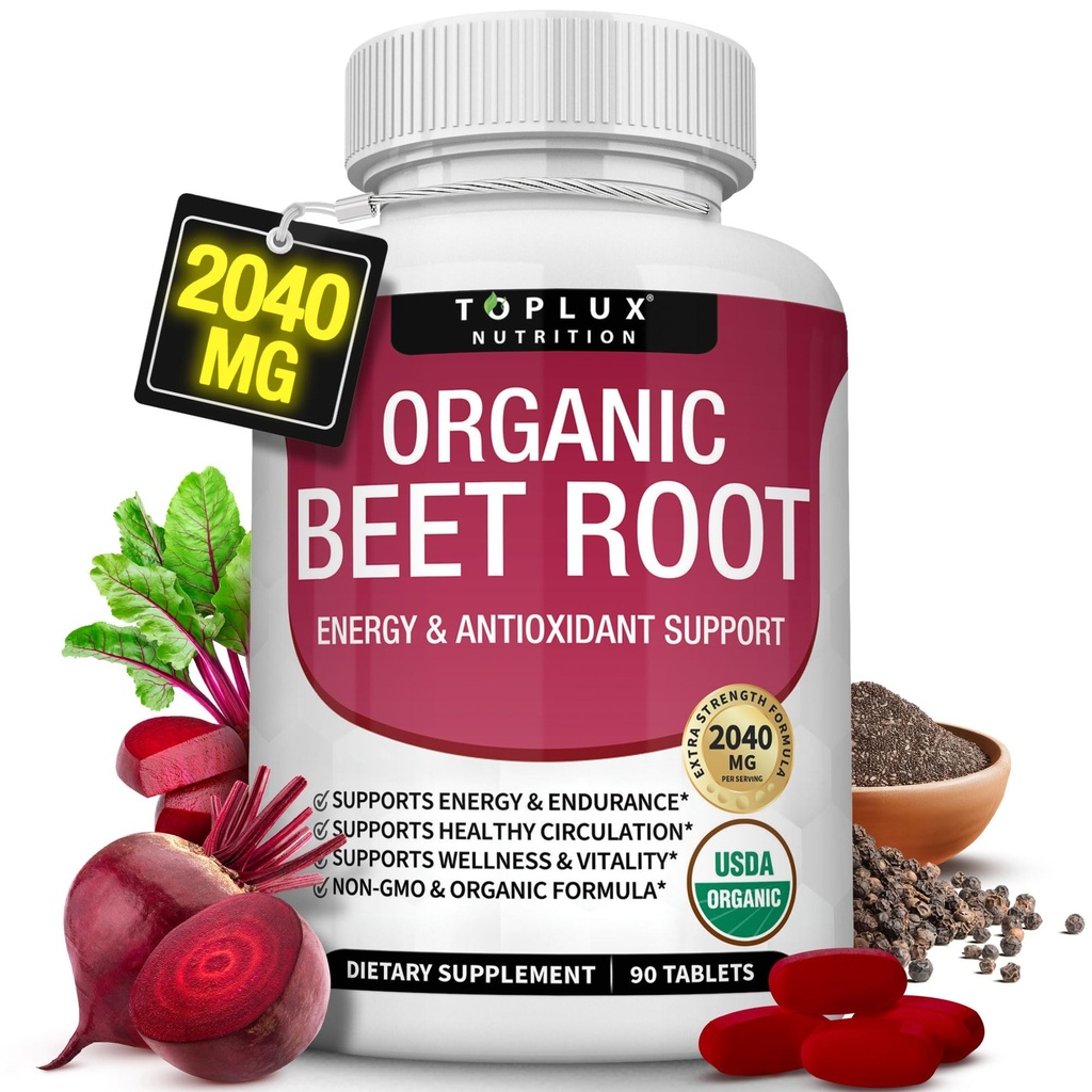 Comprimidos em pó de beterraba orgânica - 2040mg de óxido nítrico natural para apoiar, energia, melhor absorção de pimenta preta, não-GMO, para homens mulheres, 90 comprimidos