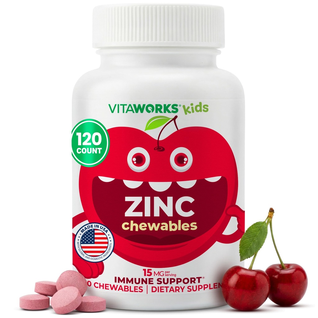 Crianças Zinco 15mg Comprimidos mastigáveis - Natural Cherry Flavor - Vegan, Vegetariano, GMO-livre, Sem glúten, Vitaminas sem nozes - Suplemento dietético para apoio imunológico - para crianças - 120 Mastigables