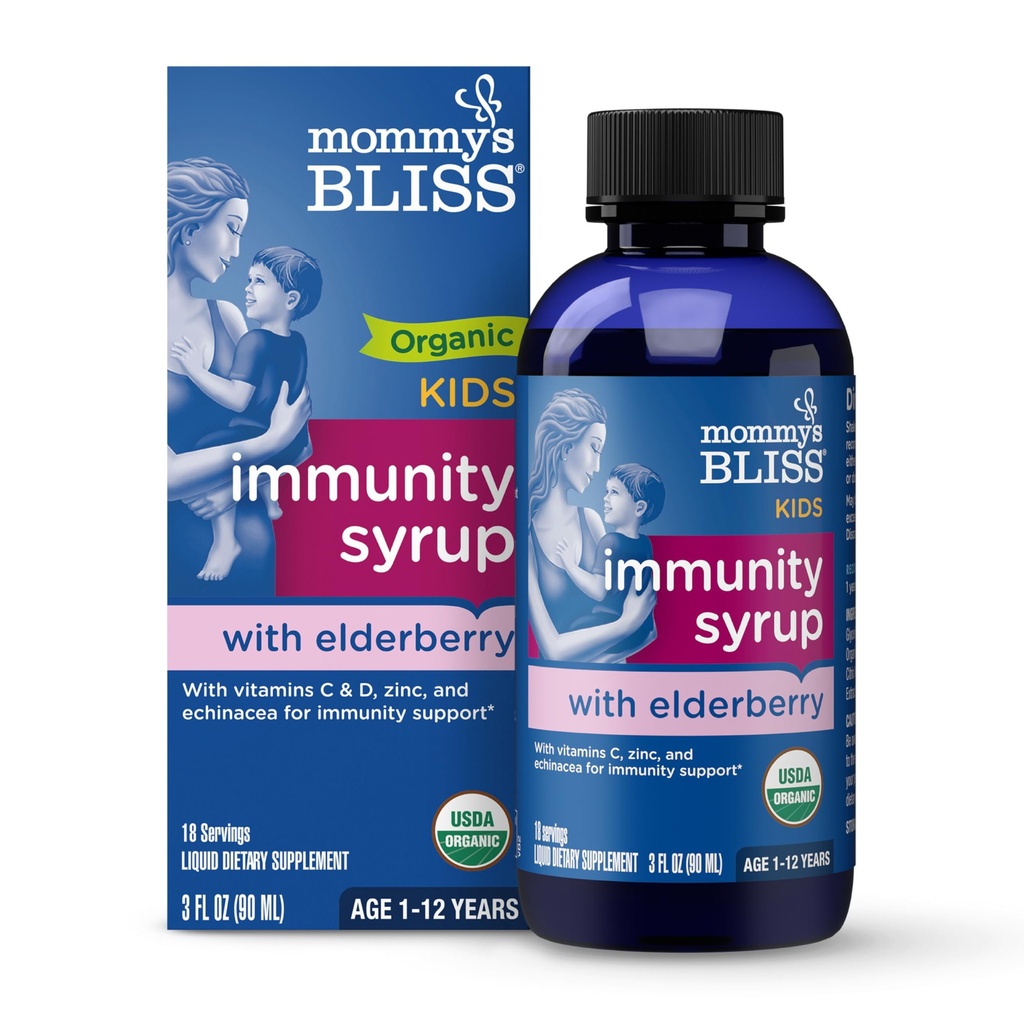 Xarope Orgânico de Bliss da Mãe e Immunity Boost com vitaminas, prebióticos e Echinacea para crianças e adultos 1 ano, 3 Fl Oz
