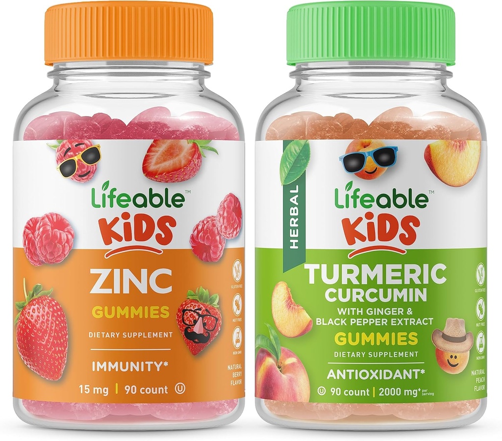 Crianças Zinco Vidable + Curcumina Turmérica Crianças, Gummies Bundle - Grande degustação, Suplemento Vitamina, Glúten Livre, GMO Livre, Gummy mastigável