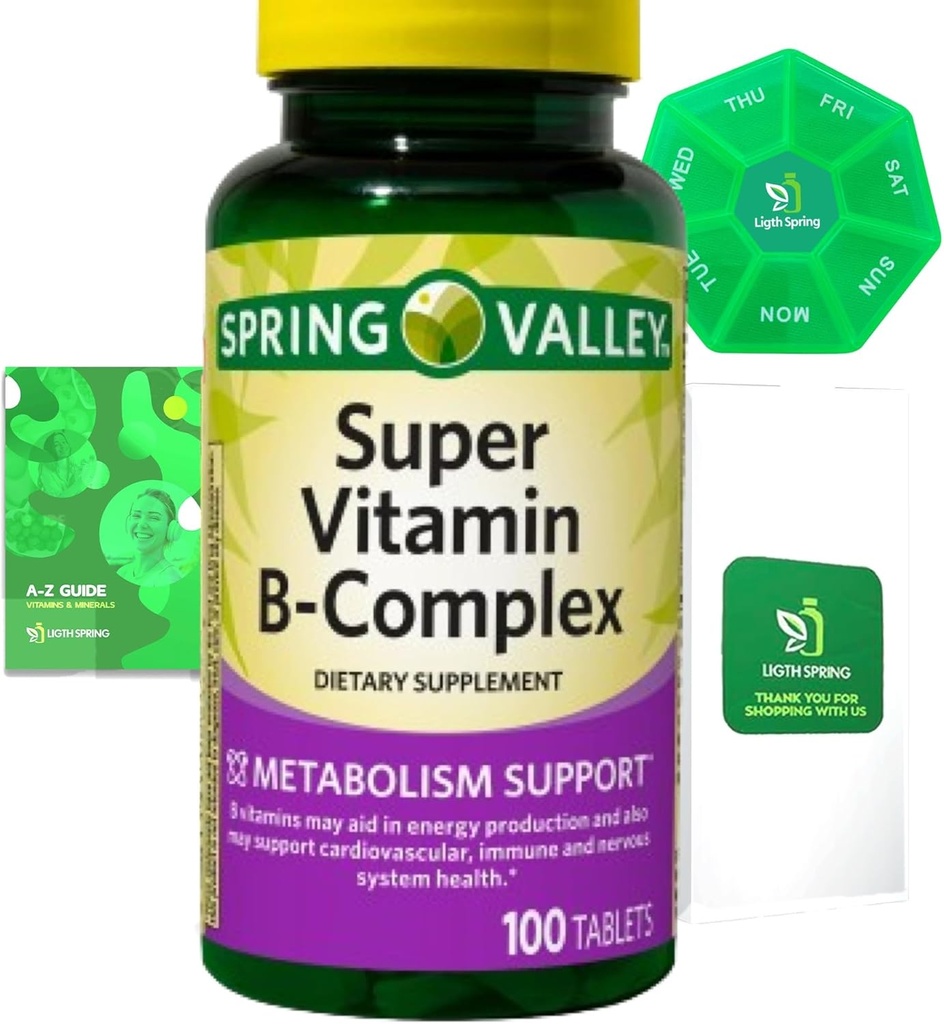 Super Vitamina B-Complex 100 comprimidos Suplemento dietético Pacote exclusivo melhor Ligth & Spring Guide + comprimido semanal Organizar (3 itens)