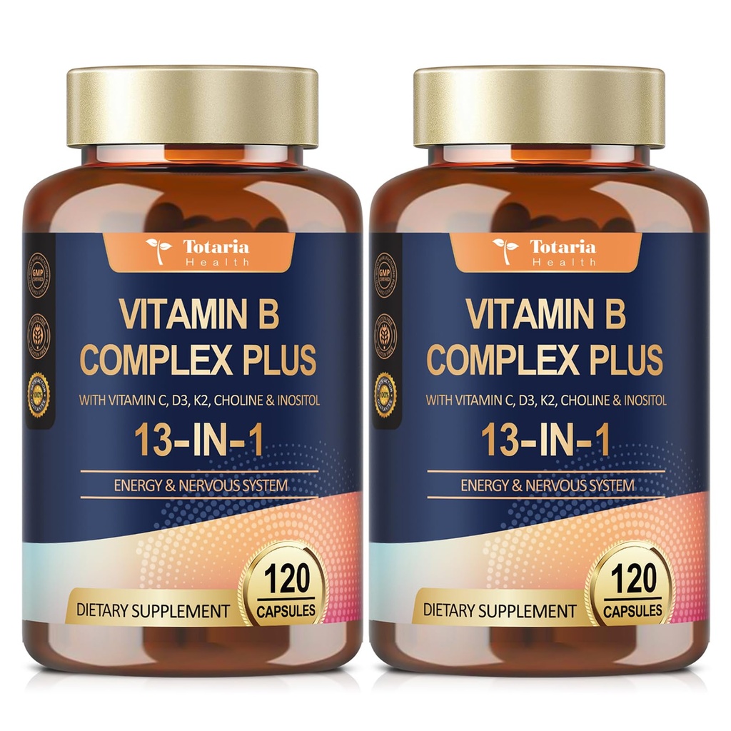 13-em-1 Vitamina B Complex Plus com Vitamina B1, B2, B3 (Niacina), B4, B5, B6, B7 (Biotina), B8 (Inositol), B9 (Folato), B12, C, D3, K2 para Energia, Nervo, Imune, Pele - 120 Tampas por Garrafa - 2 Garrafas