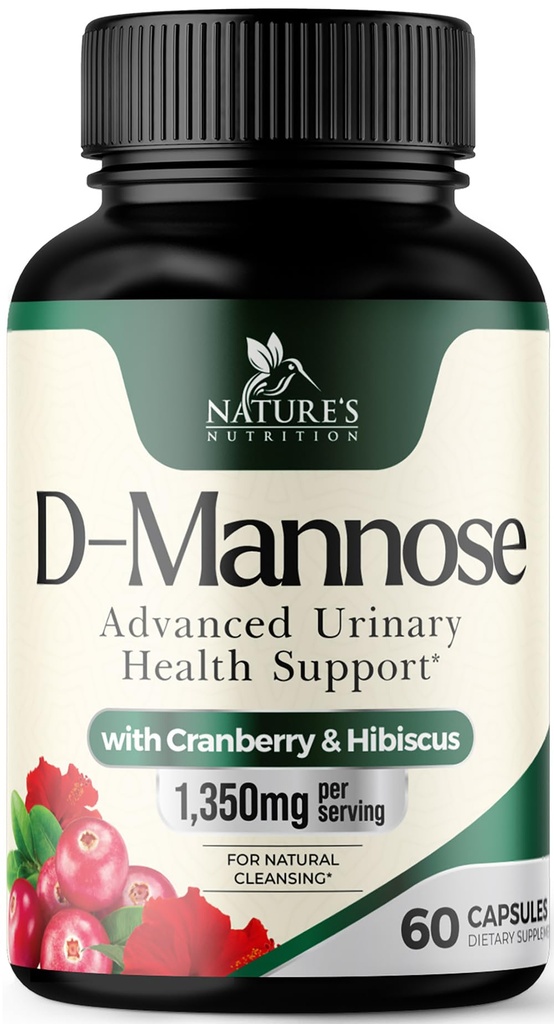 D-Mannose Suplemento 1,350 mg com Cranberry & Hibiscus - Effective Fast-Acting, Flush As impurezas para a bexiga natural, Urinary Tract Health Support, para mulheres e homens, Não-GMO, Vegan, 60 Cápsulas