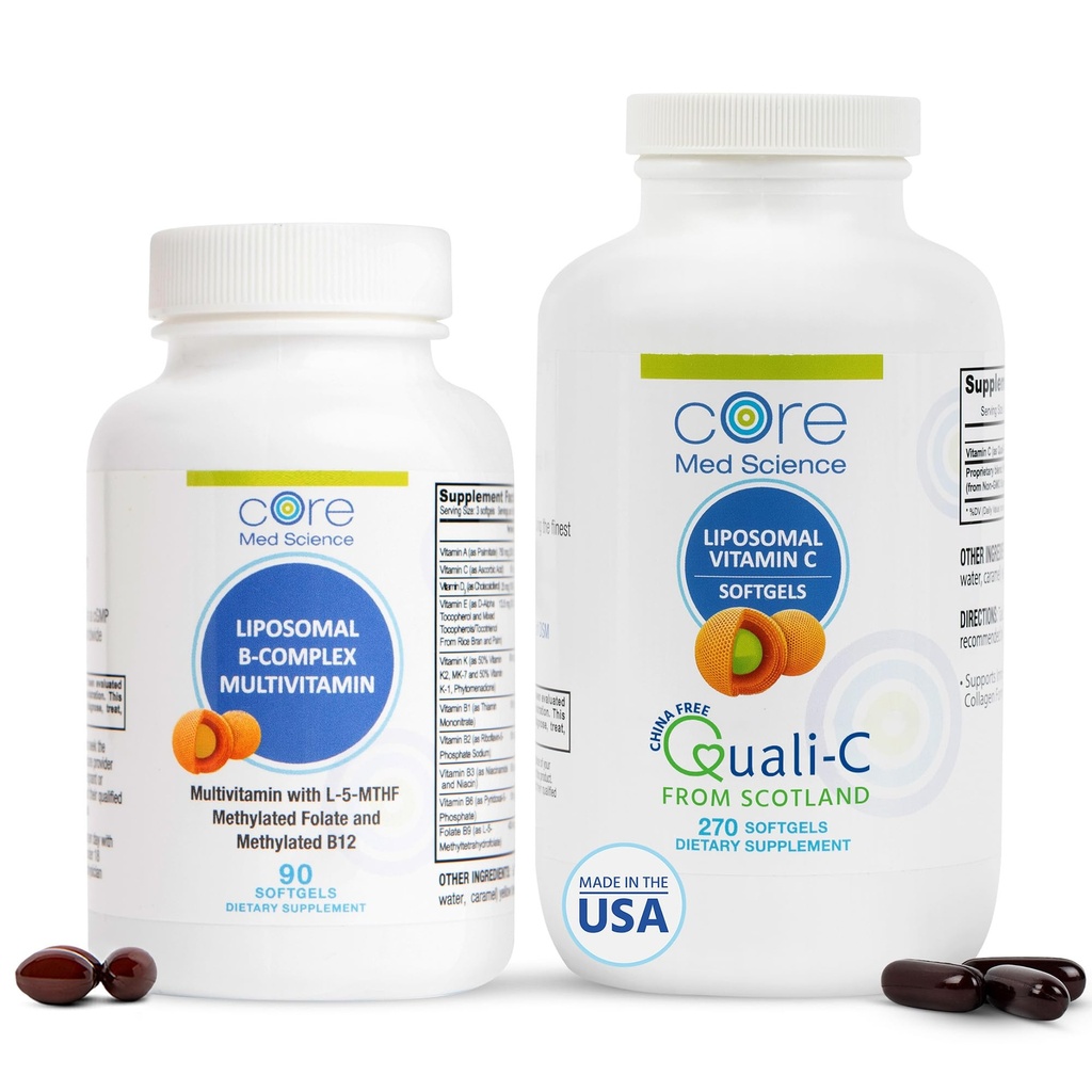 Núcleo de Ciência Med Liposomal Vitamina B-Complexo e Vitamina C 1000mg Pacote de Geles Macios para Saúde do Coração e Sistema Imune