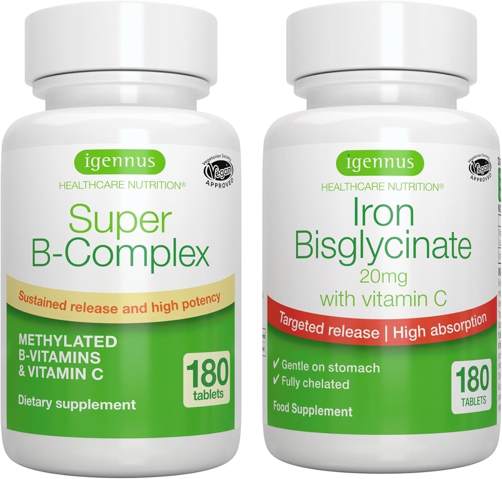 Super B-Complex & alta absorção ferro Bisglicinato 20mg com vitamina C, Vegan Bundle, Metilado Mantido Liberação B Complexo & Gentil ferro de um dia com a liberação alvo, por Igennus