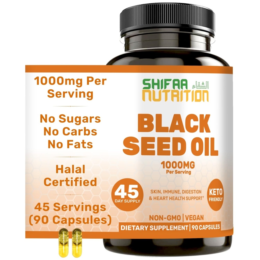SHIFAA NUTRITION Halal Black Seed Oil chilrear 1000mg 45 Servings (Shigella Sativa, Kalonji) Suporta cabelo, pele, articulações, imune, coração, digestão