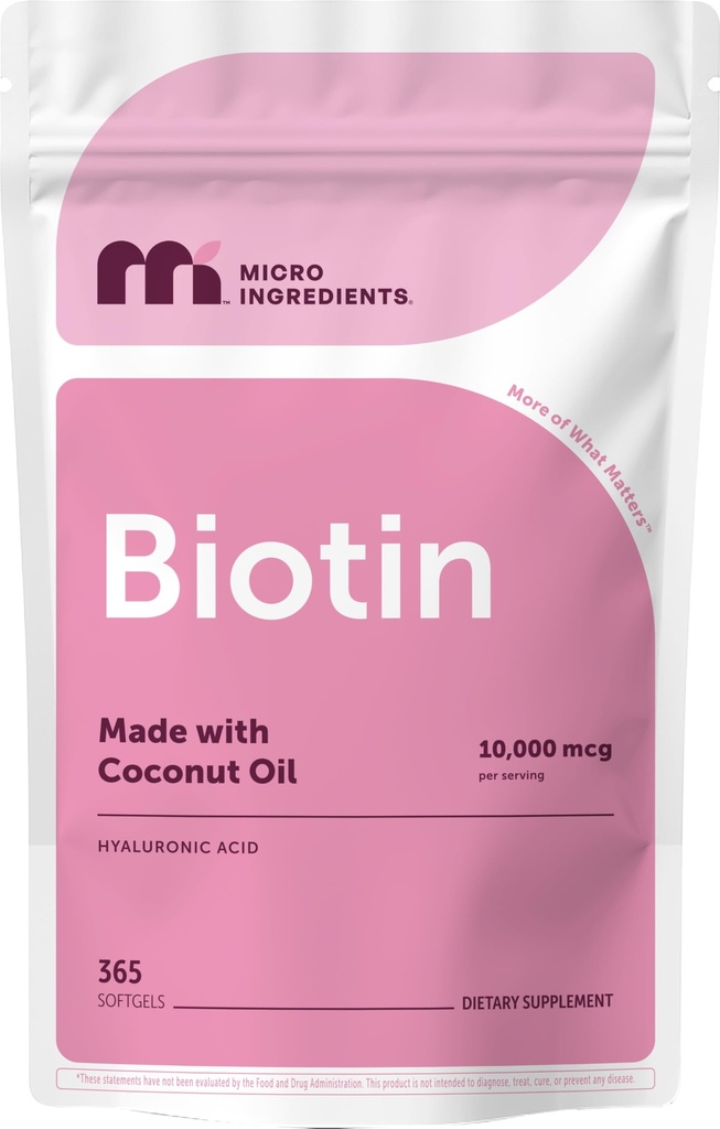 Micro Ingredientes Biotin 10.000 mcg com ácido hialurônico 25 mg por serviço , feito com óleo de coco , 365 Softgels , 1 por dia , um ano de fornecimento , não-GMO e sem glúten
