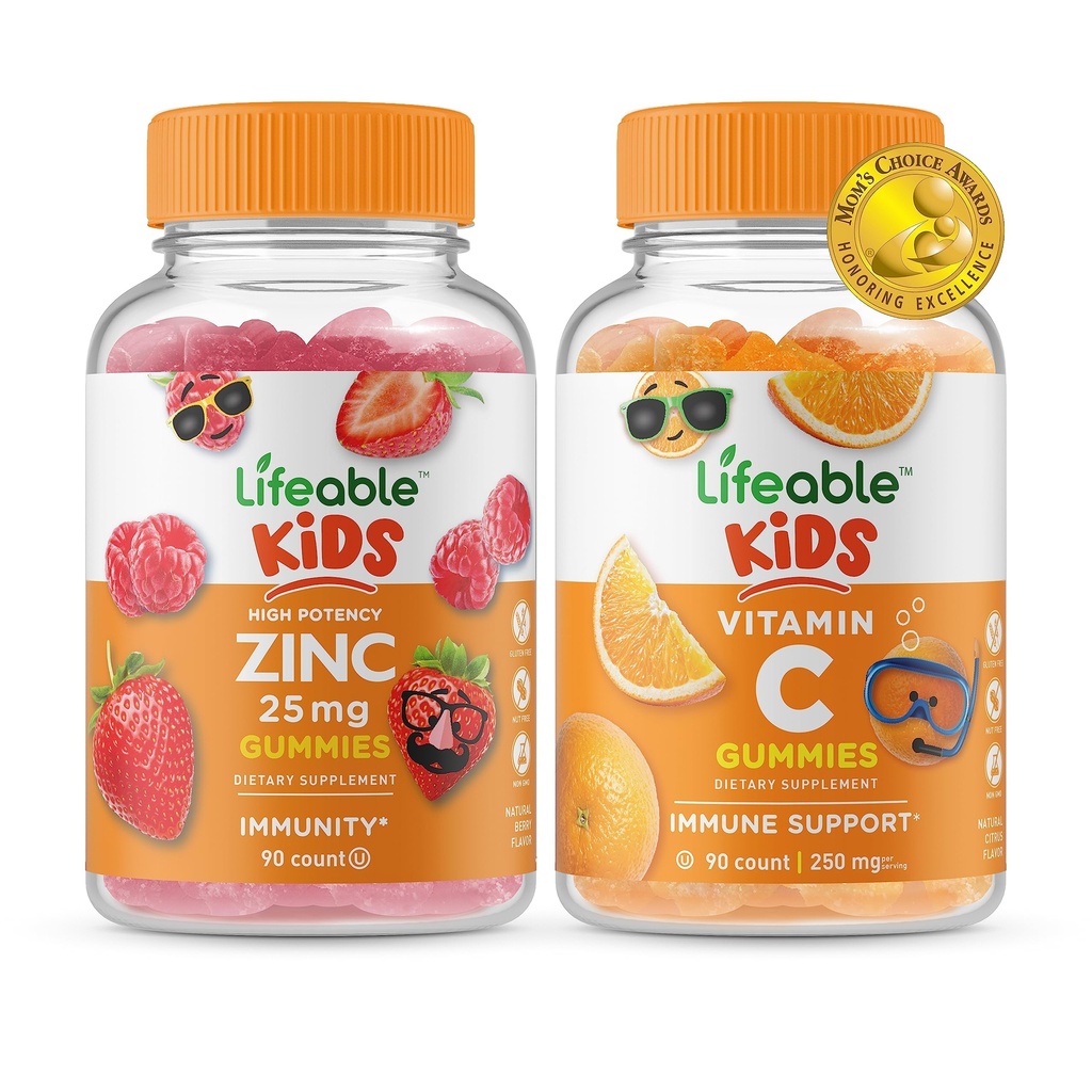 Zinco vivo 25mg Crianças + Vitamina C Crianças, Gummies Bundle - Grande degustação, Suplemento Vitamina, Gluten Free, GMO livre, chiclete mastigável