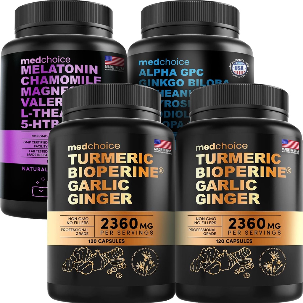 MEDCHOICE Turmeric & Ginger (240ct), Melatonina do sono (90ct), e Nootropic Brain (60ct) Suplemento Bundle - Trio de bem-estar para o cérebro, sono, & apoio imunológico - Vegan, Não-GMO, Sem glúten