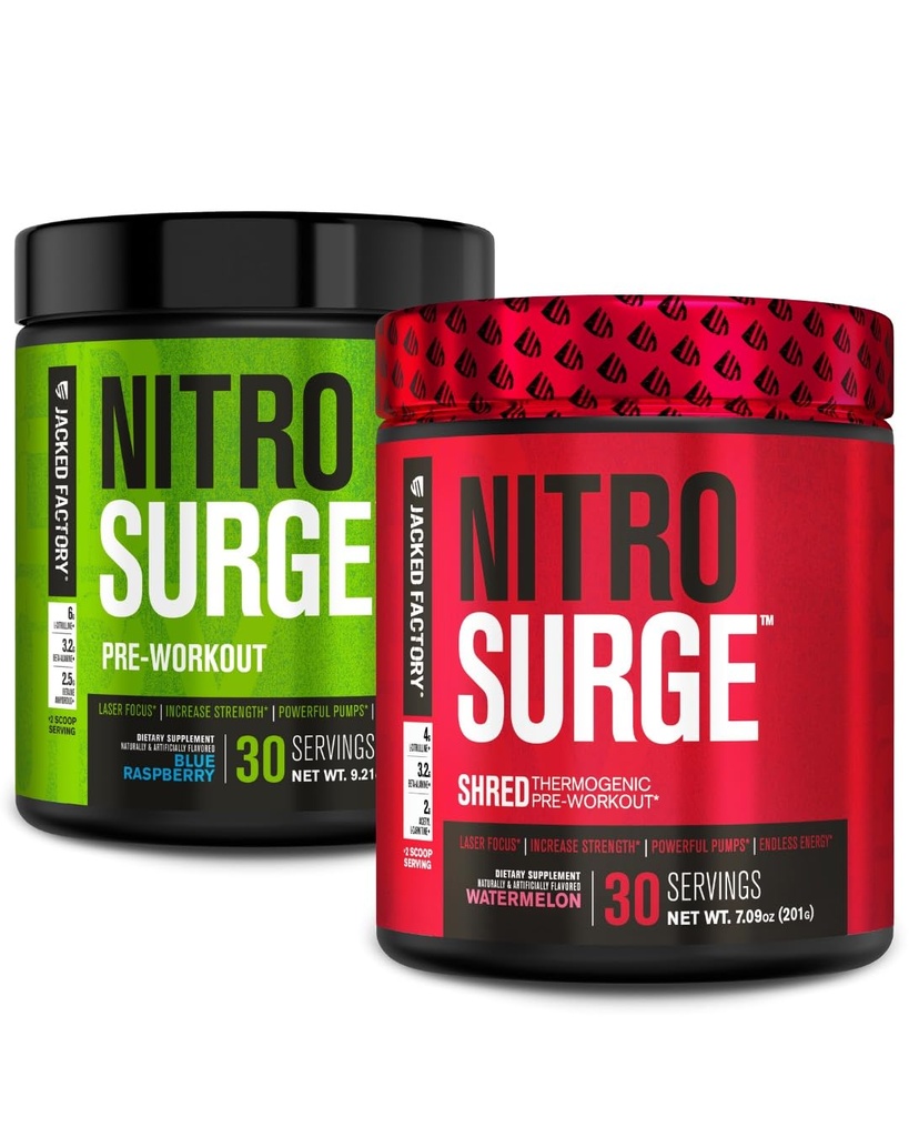 Fábrica Jacked Nitrosurge Pré-treino em Framboesa Azul e Melancia Nitrosurge Shred pré-treino termogênico para homens e mulheres