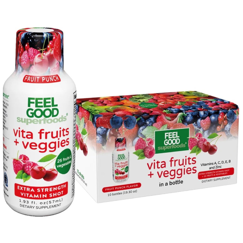 FeelGood Superfoods Vita Fruits and Veggies Imune Support Shot Supplements, Fruit Punch Flavor, Pack of 10 Immunity Shots, Imune System Booster Drink Made with 25 Organic Fruit & Legumes
