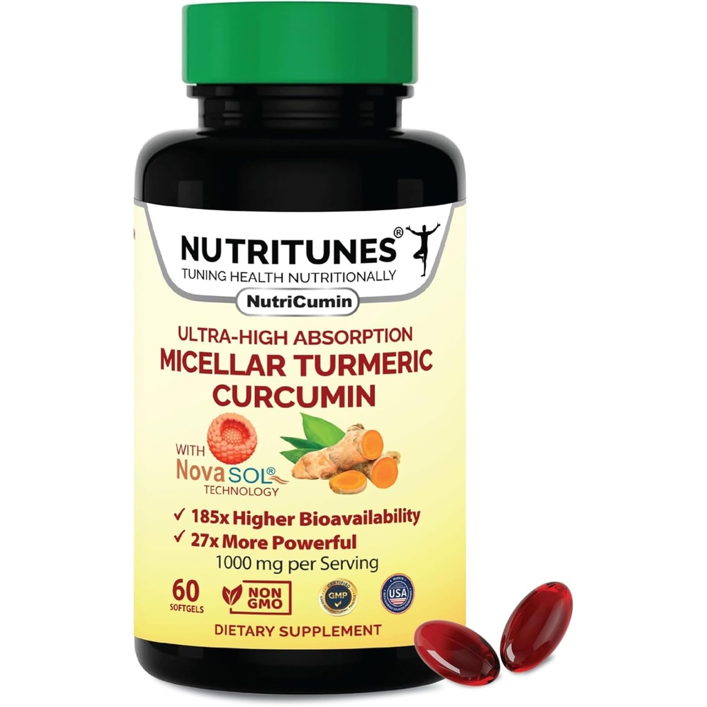 Suplemento de Curcumina Turmérica 1000mg para Suporte Conjunto-185x Biodisponível e alta absorção com Tecnologia NovaSOL – 60 NutriCumin Softgels