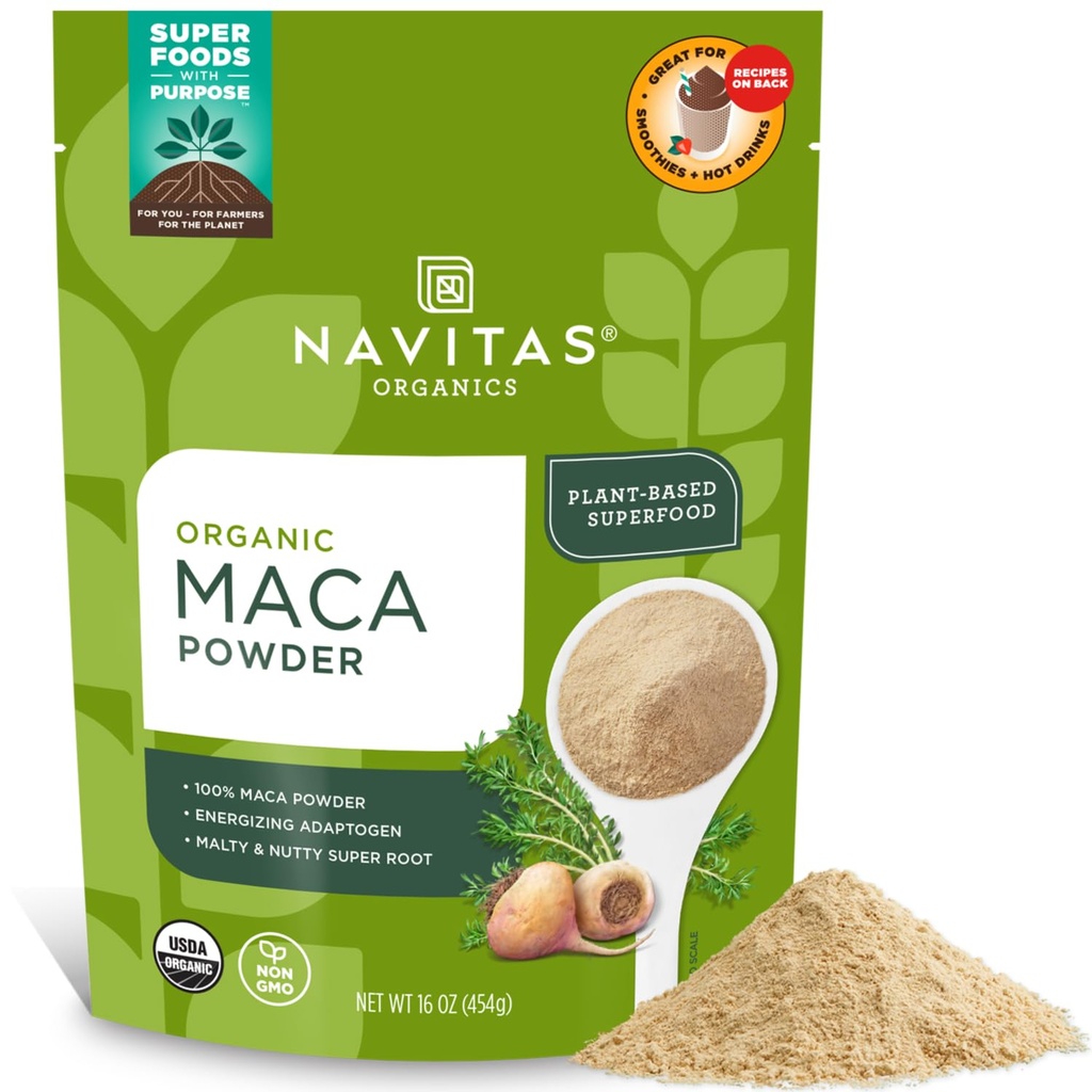 Navitas Organics Maca Powder – 100% gelatinized Maca peruano para smoothies, Lattes, Baking & More – Energize & Balance - USDA Organic, Non GMO, Vegan, Gluten Free (16 oz. Saco, 180 Servings, 2-Pack)