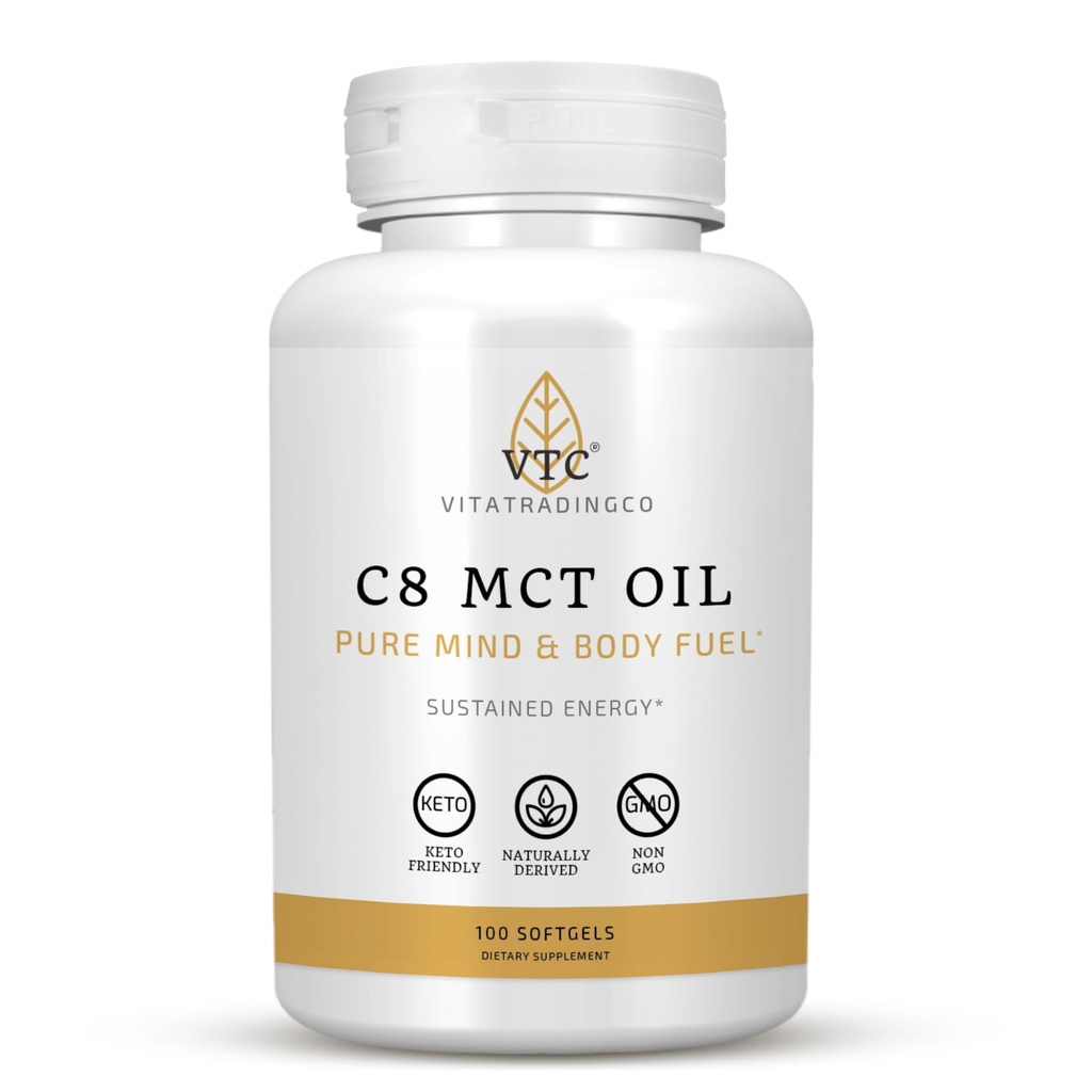 VTC VitaTradingCo. C8 MCT Oil Cápsulas Naturalmente Derived Caprylic C8 Suplemento .Pílulas de óleo de coco . Energia Mantida . Keto Friendly, Não OGM .