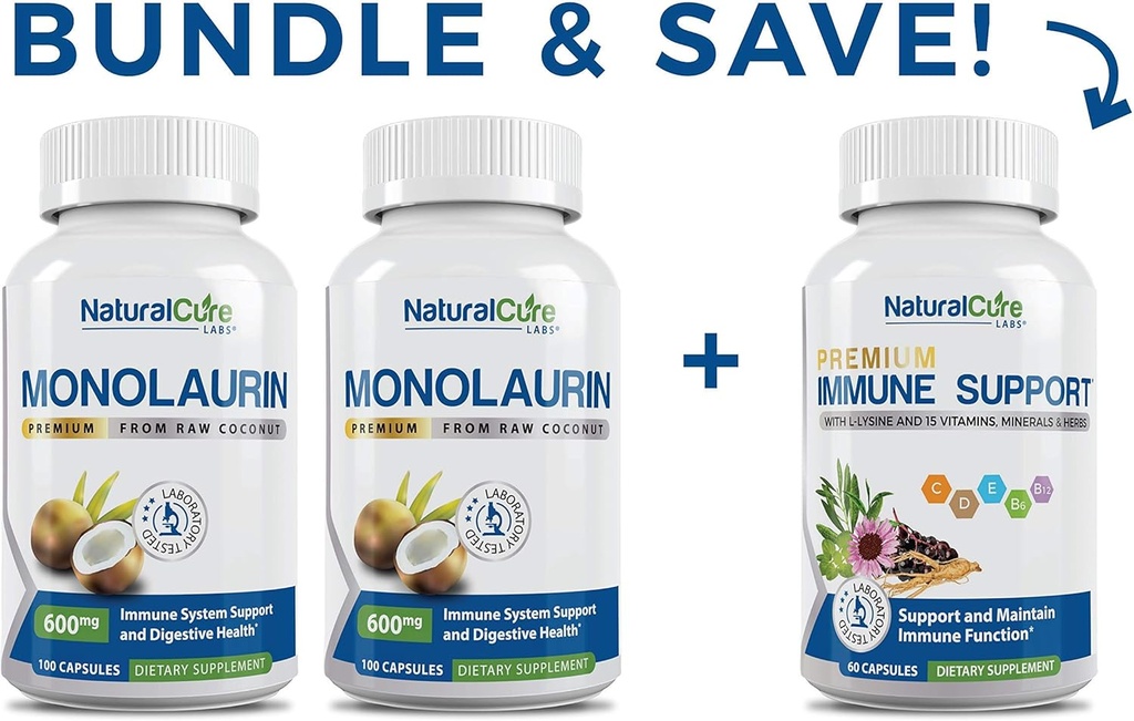Laboratório de cura natural Monolaurin 600mg 2 Pack + Suporte Imune