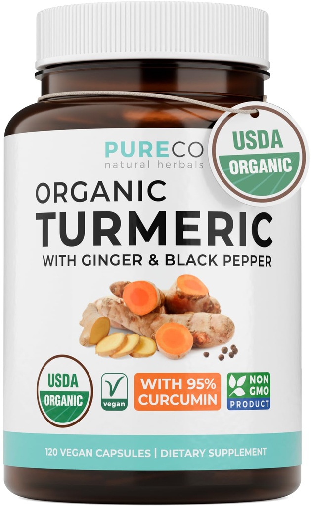 Organic Turmeric Ginger Black Pepper Supplement - Cápsulas de curcumina orgânica de alta potência com gengibre e pimenta preta para benefícios melhorados e absorção - Vegan & Non-GMO (2 Mês de fornecimento)
