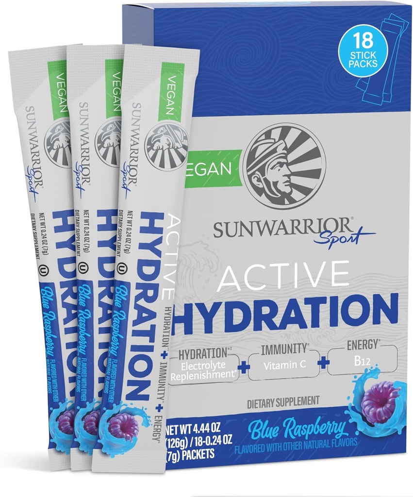 Sunwarrior Hydration Powder Eletrolyte Packets Powder B12 Elderberry □ Blue Raspberry Flavored 18 Stick Packs 126g Pouch .