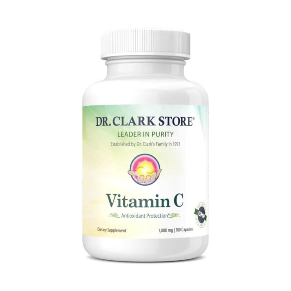 Dr Clark Suplemento de vitamina C 1000mg - Sem glúten, suporte de imunidade, antioxidante potente, suporta a função cerebral, promove a formação e reparação de tecidos, 100 Cápsulas de Gelatina