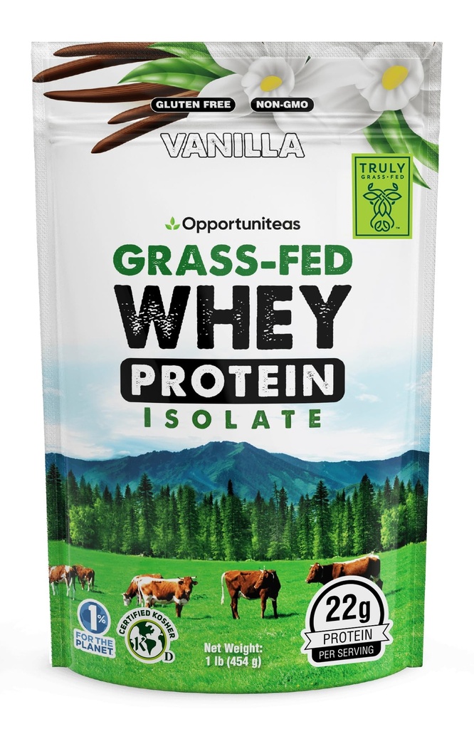 Opportuniteas Grass Fed Vanilla Whey Protein Isolate Powder - 22g de pó de proteína sem adoçantes artificiais, vacas sem hormônios, não OGM - 1lb