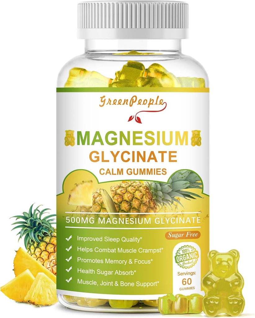 GREENPEOPLE Glicinato de magnésio Gummies com Citrato 1000mg, Taurate & Matale - Açúcar sem - Magnésio Suplemento de potássio com vitamina D, K2 para Calm Mood & Zzz Suporte - 60 Pineapple Gummies