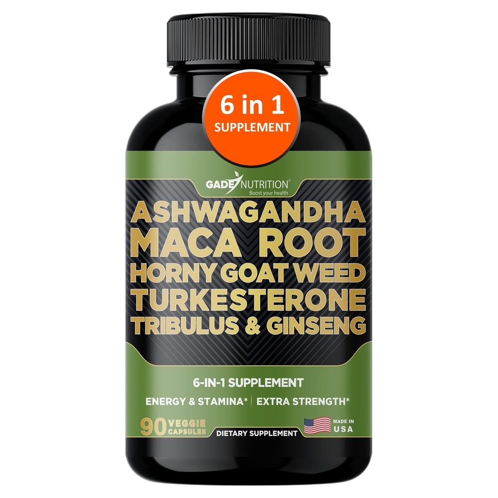 Gade Nutrition Ashwagandha com Maca Root, Erva Horny Goat, Suplemento Turkesterone, Tribulus Terrestris, Panax Ginseng 90 cápsulas vegetais para energia, resistência, desempenho.